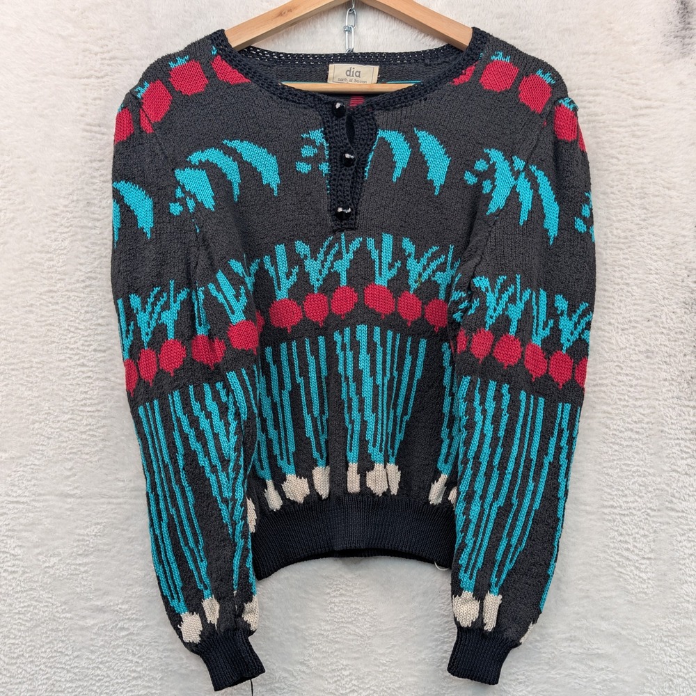 VTG Dia North of Boston Sweater Women's XS Black Radish Garden Novelty Knit 80s